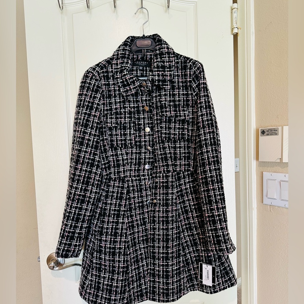 NWT Laundry by Shelli Segal Tweed Plaid Coat Jacket Fit & Flare Women Black -M - Picture 9 of 16